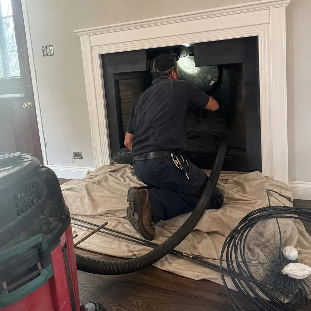 Professional chimney sweep performing a thorough fireplace inspection and cleaning service