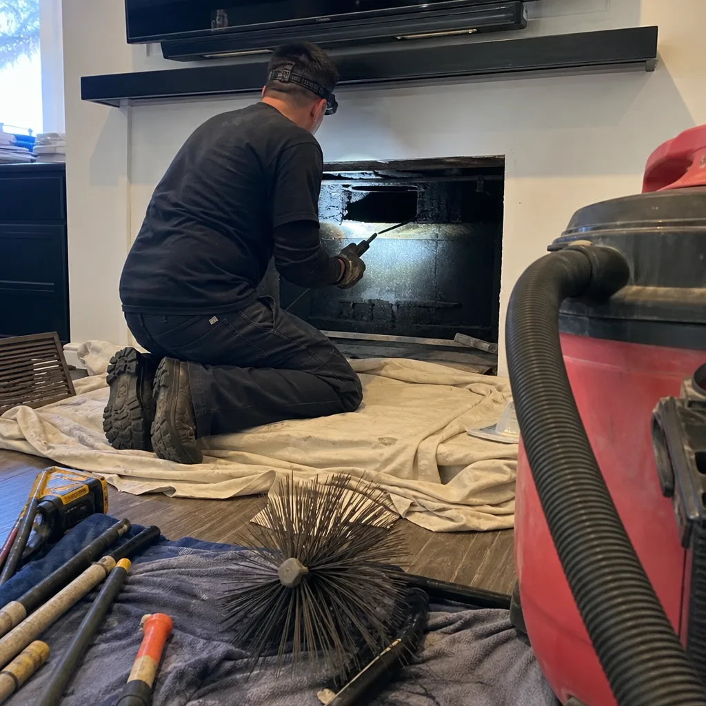 Professional chimney sweep performing a detailed fireplace inspection