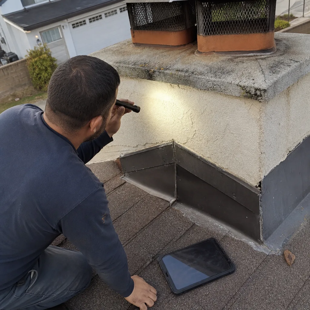 Professional inspector performing a thorough chimney masonry and flashing inspection