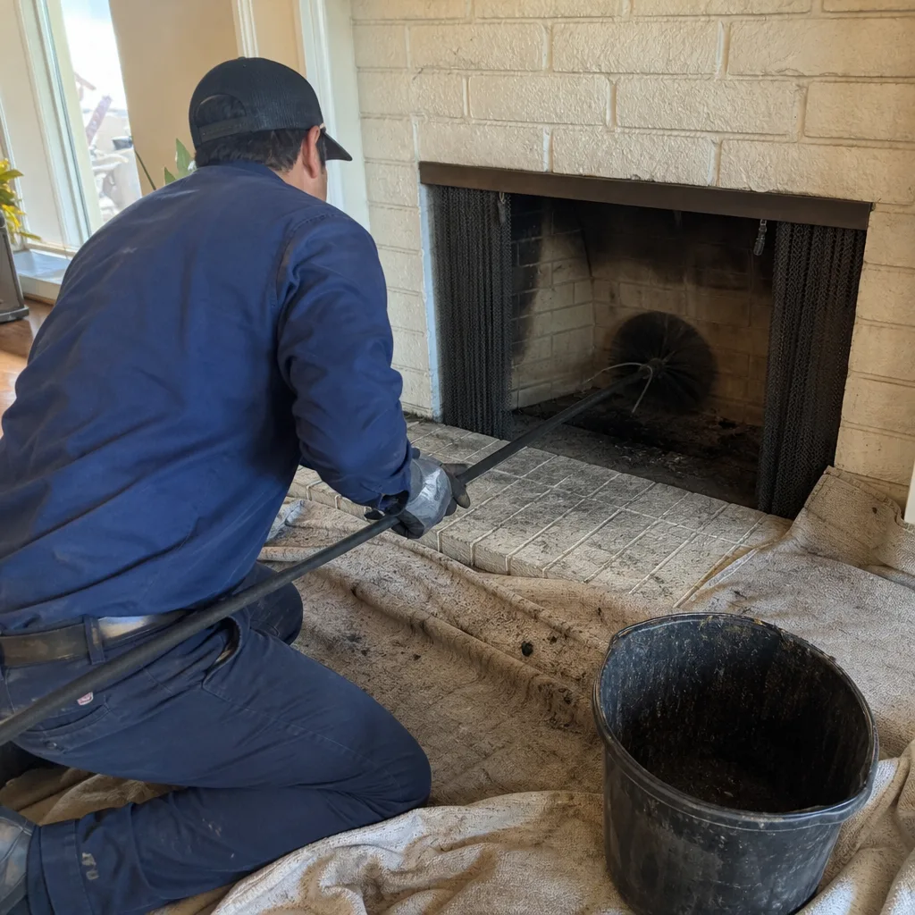 Professional chimney sweep cleaning a brick fireplace with a specialized brush.
