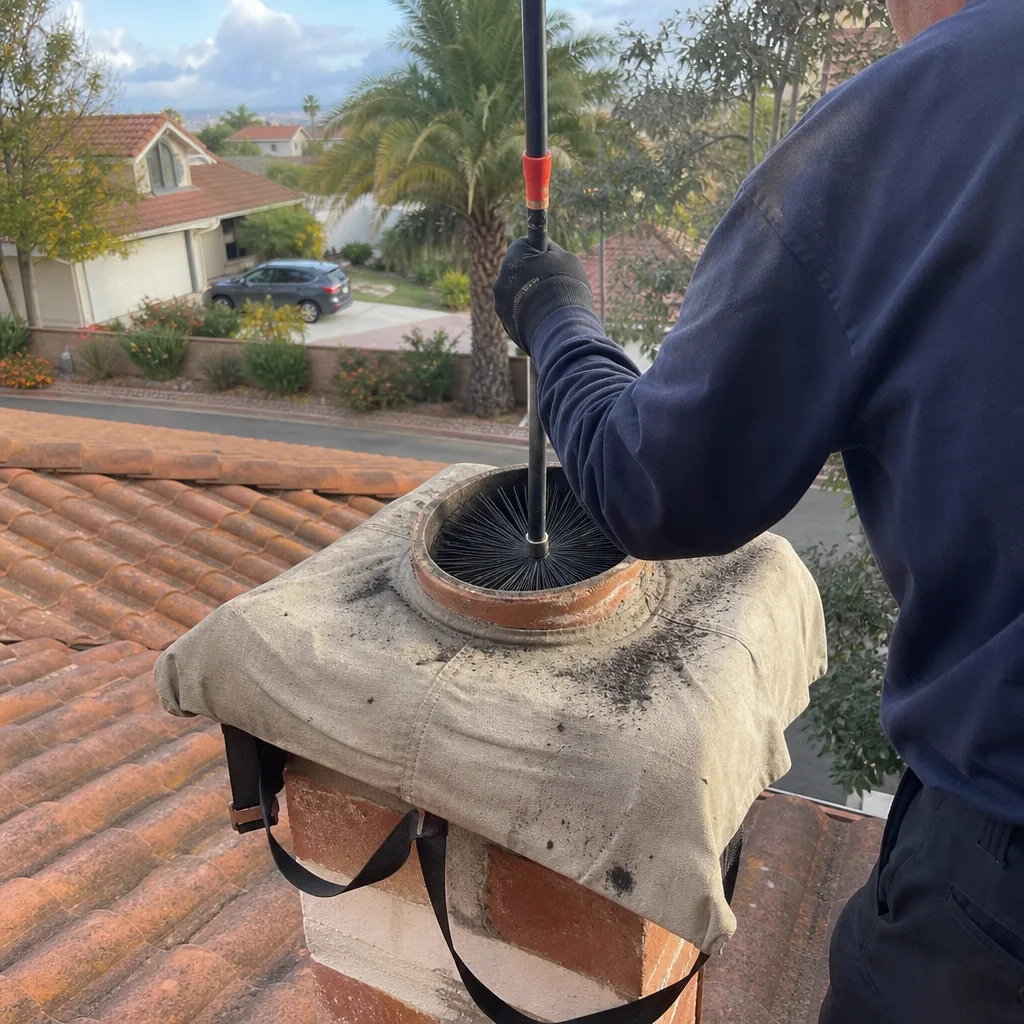 Professional chimney sweep cleaning a brick chimney flue from the roof