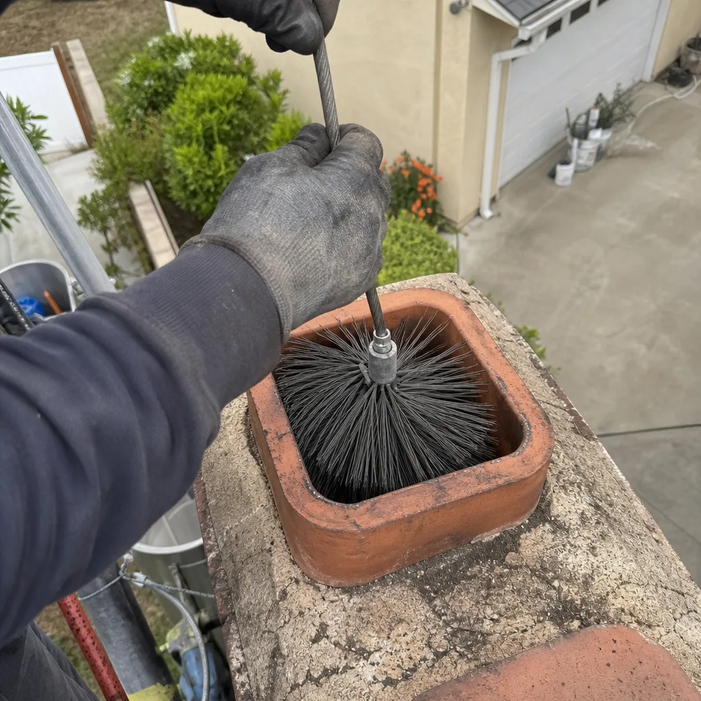 Professional cleaning a brick chimney flue with a wire brush tool