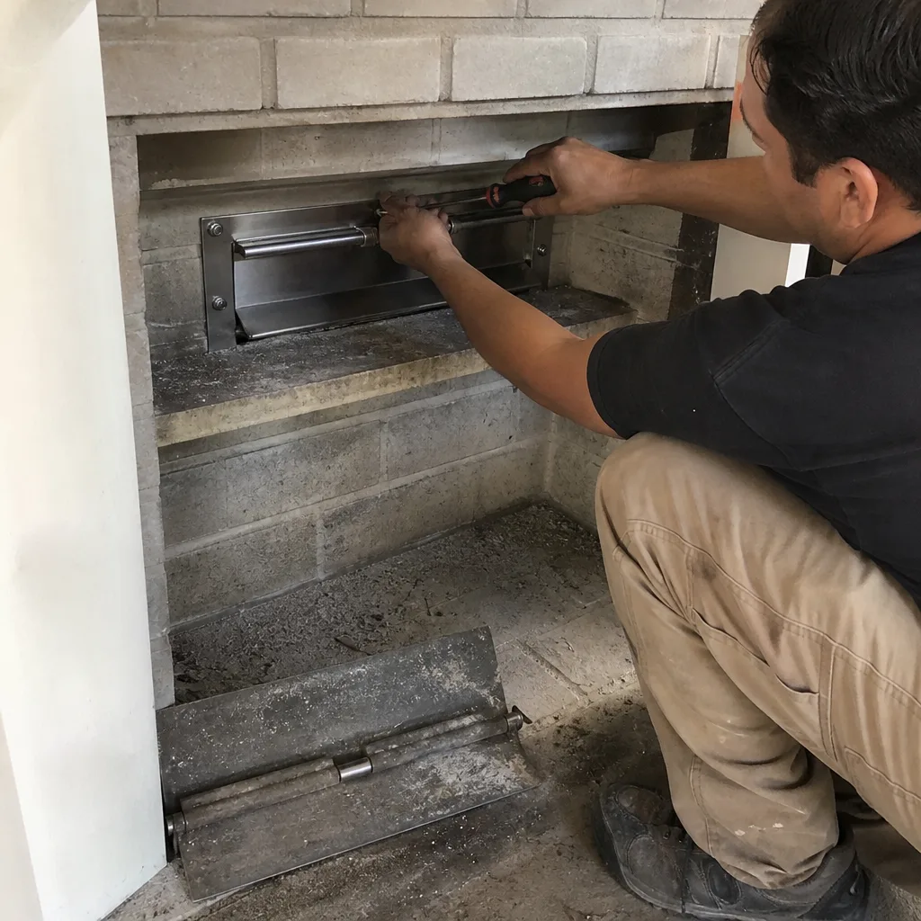 Technician performing professional fireplace repair on a brick chimney insert
